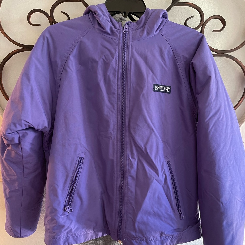 Girls Lands End purple fleece lined coat size medium